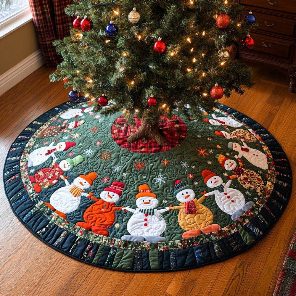 Snowman Spirit Holiday Tree Skirt — Handmade Christmas Tree Collar, Custom Felt Skirt For Warm And Whimsical Decor