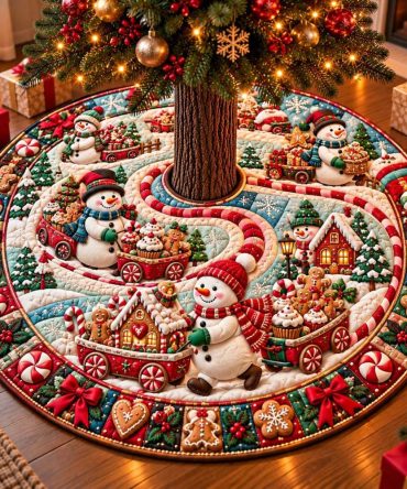 Sweet Snowman Delivery Christmas Tree Skirt - Handmade Made-To-Order Holiday Decor, Charming Winter Mail Delivery Scene For Festive Homes