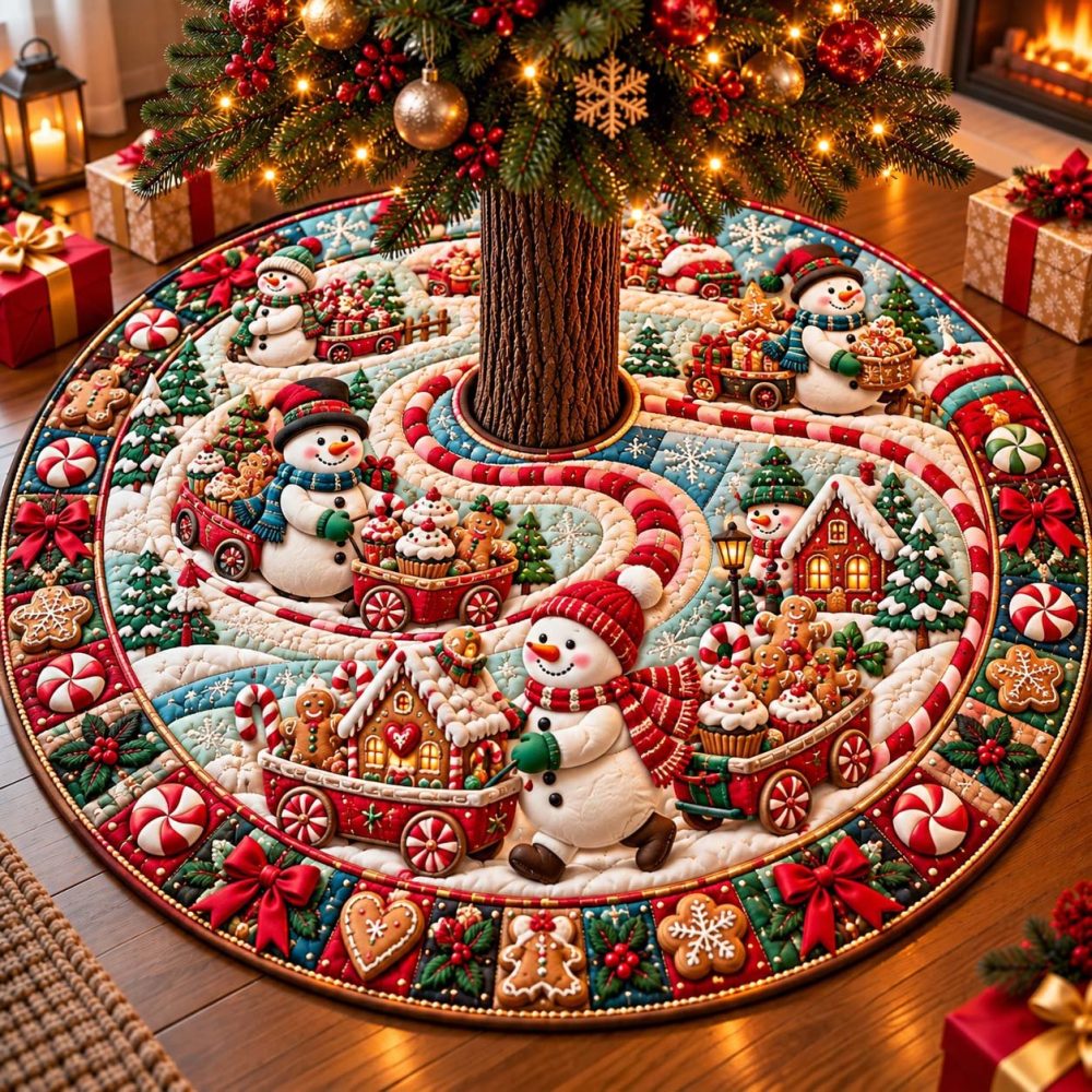 Sweet Snowman Delivery Christmas Tree Skirt - Handmade Made-To-Order Holiday Decor, Charming Winter Mail Delivery Scene For Festive Homes