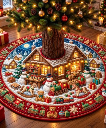 Made-To-Order Snowman Toy Workshop Tree Skirt - Festive Workshop Scene With Snowmen, Custom Holiday Tree Base For Family Gifting
