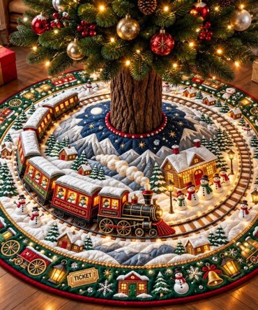 Made-To-Order Snowman Train Journey Tree Skirt - Charming Holiday Train & Snowman Village Scene, Custom Christmas Tree Base Decor