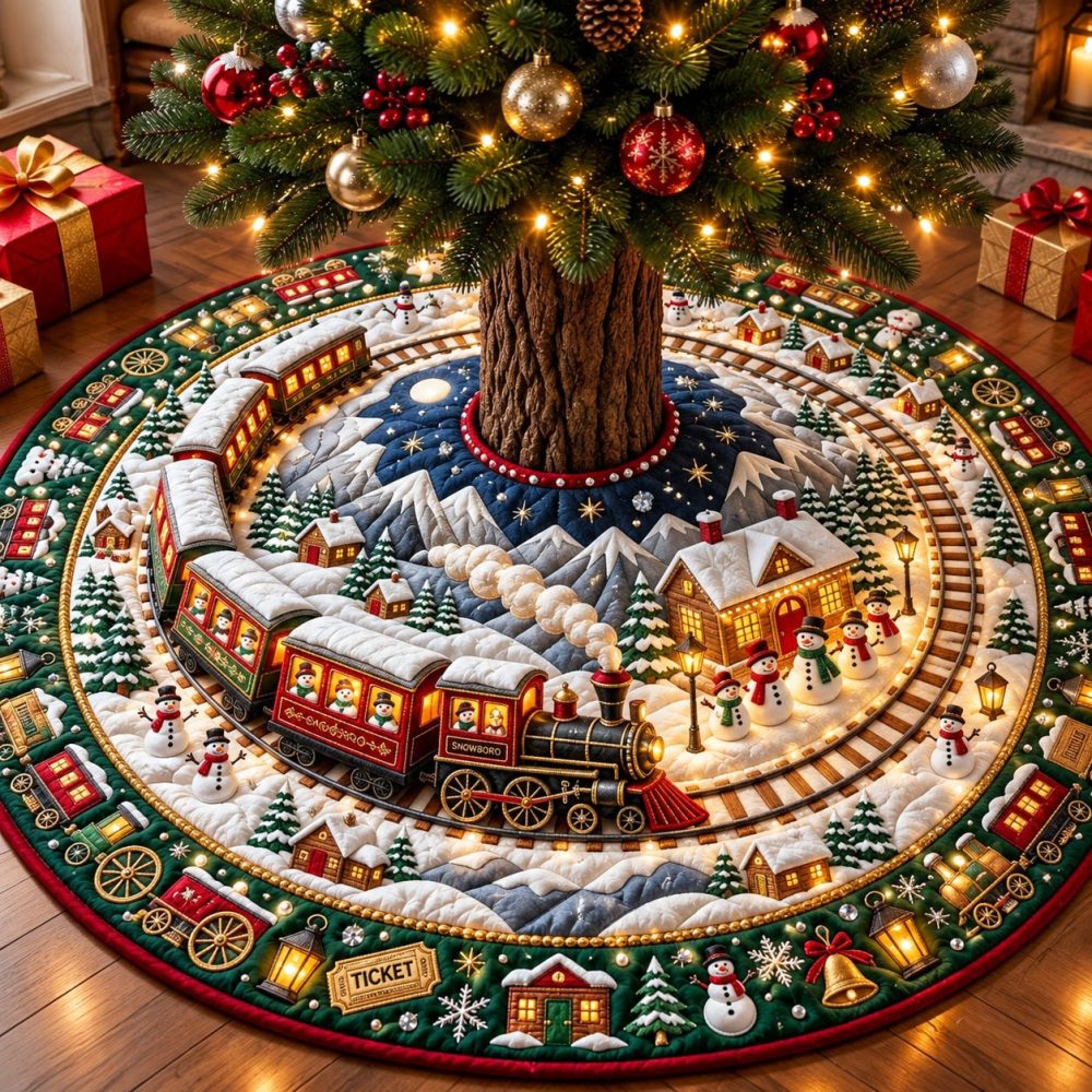 Made-To-Order Snowman Train Journey Tree Skirt - Charming Holiday Train & Snowman Village Scene, Custom Christmas Tree Base Decor
