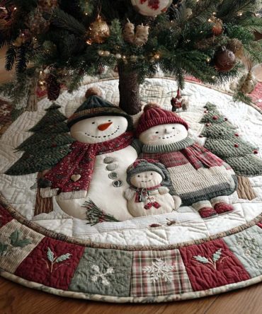 Snowman Trio Hug Christmas Tree Skirt — Handmade Cozy Felt Tree Collar, Custom Holiday Decor For Warm Family Moments