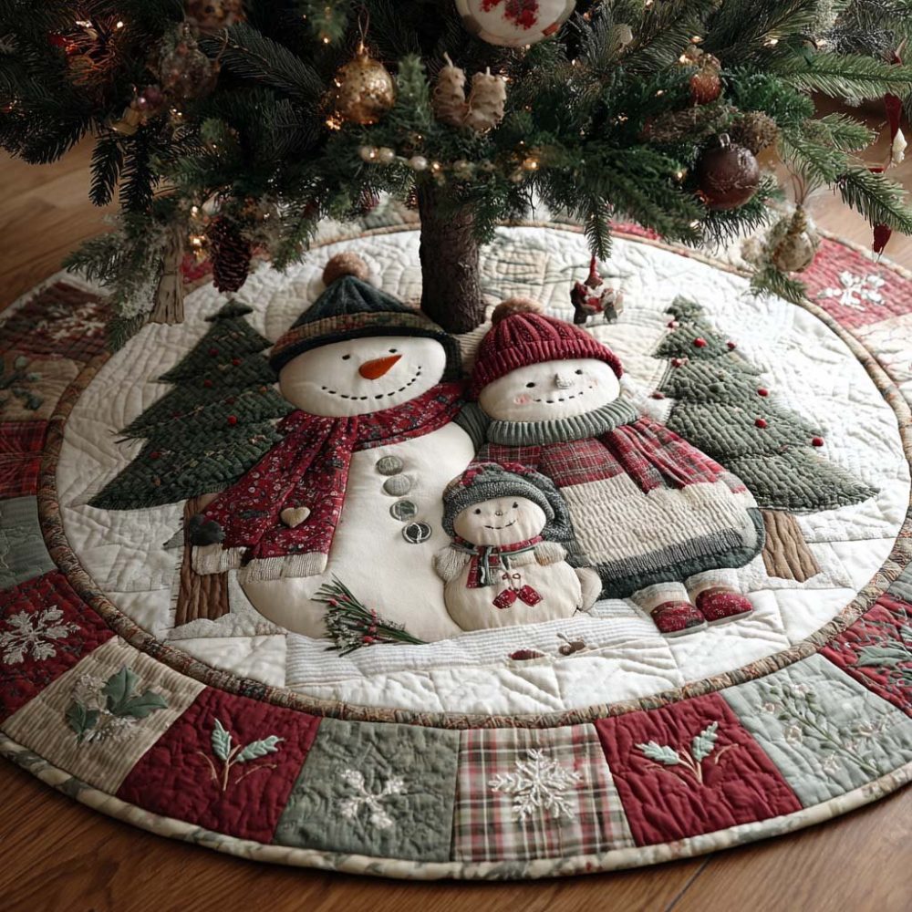 Snowman Trio Hug Christmas Tree Skirt — Handmade Cozy Felt Tree Collar, Custom Holiday Decor For Warm Family Moments
