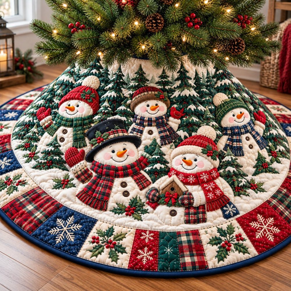 Winter Snowman Jubilee Tree Skirt - Custom-Made Cozy Holiday Decor With Cheerful Snowman Motif & Velvet Backing