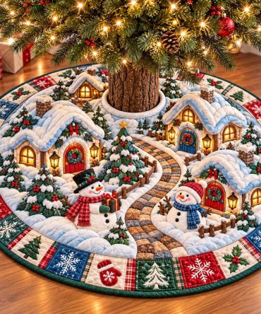 Winter Village Snowman Tree Skirt — Made-To-Order Festive Quilted Mat With Charming Village Scene, Custom Sizes & Fast Shipping