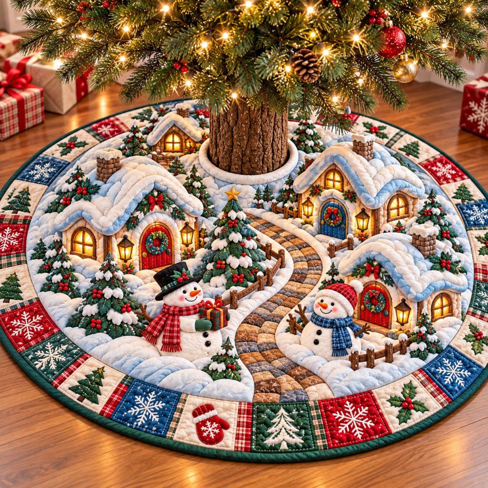 Winter Village Snowman Tree Skirt — Made-To-Order Festive Quilted Mat With Charming Village Scene, Custom Sizes & Fast Shipping