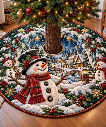 Custom Snowman Winter Wonderland Christmas Tree Skirt - Handmade Holiday Scene, Made-To-Order Festive Decor For Cozy Kitchens & Living Rooms