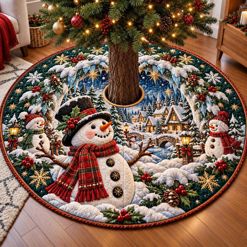 Custom Snowman Winter Wonderland Christmas Tree Skirt - Handmade Holiday Scene, Made-To-Order Festive Decor For Cozy Kitchens & Living Rooms