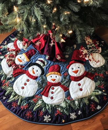 Snowmen In Red Hats On Emerald Tree Skirt — Handmade Festive Christmas Collar, Luxurious Felt Holiday Décor, Custom Sizes