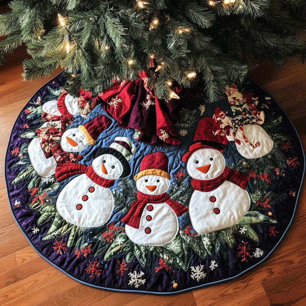 Snowmen In Red Hats On Emerald Tree Skirt — Handmade Festive Christmas Collar, Luxurious Felt Holiday Décor, Custom Sizes