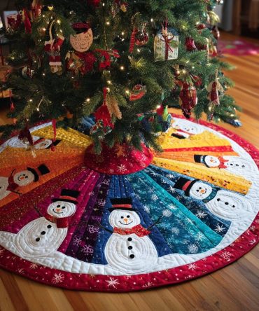Rainbow Wedge Ring Snowmen Tree Skirt — Handmade Colorful Christmas Tree Collar, Custom Felt Holiday Decor For Joyful Homes
