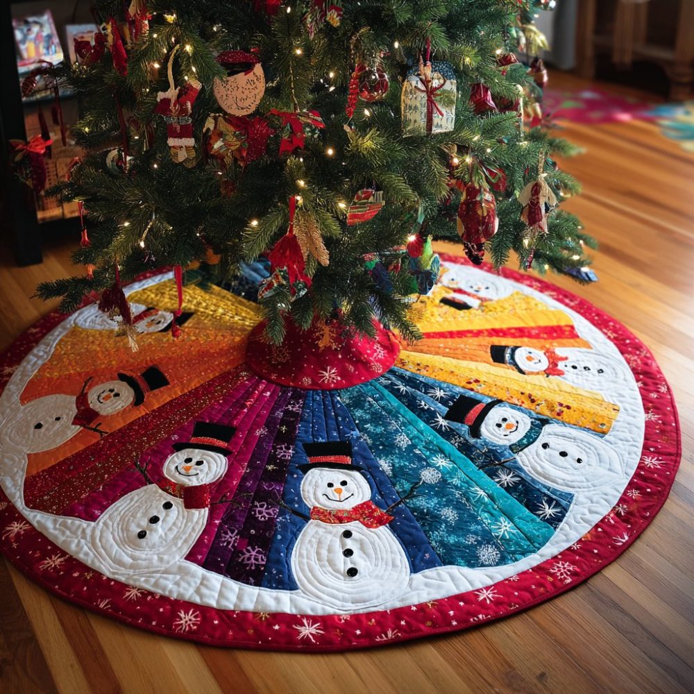 Rainbow Wedge Ring Snowmen Tree Skirt — Handmade Colorful Christmas Tree Collar, Custom Felt Holiday Decor For Joyful Homes