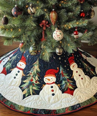 Midnight Pines Snowmen Christmas Tree Skirt — Made-To-Order Winter Pine Scene Skirt, Handmade Holiday Centerpiece