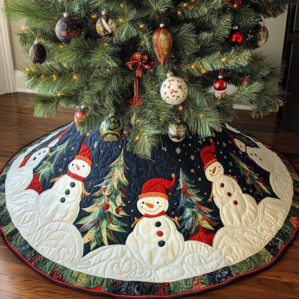 Midnight Pines Snowmen Christmas Tree Skirt — Made-To-Order Winter Pine Scene Skirt, Handmade Holiday Centerpiece
