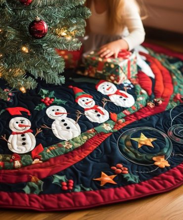 Snowmen Bridge Holiday Tree Skirt — Handmade Christmas Tree Collar With Charming Snowman Scene, Custom Size Options