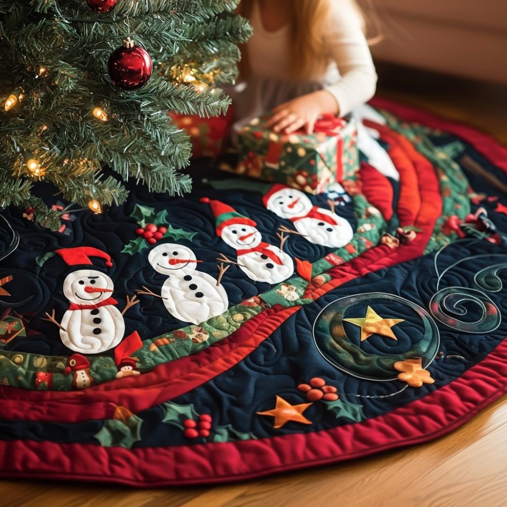 Snowmen Bridge Holiday Tree Skirt — Handmade Christmas Tree Collar With Charming Snowman Scene, Custom Size Options