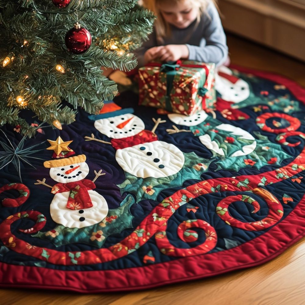 Snowmen Fantasy Premium Christmas Tree Skirt — Handmade Holiday Decor, Custom Festive Felt Skirt For Elegant Trees
