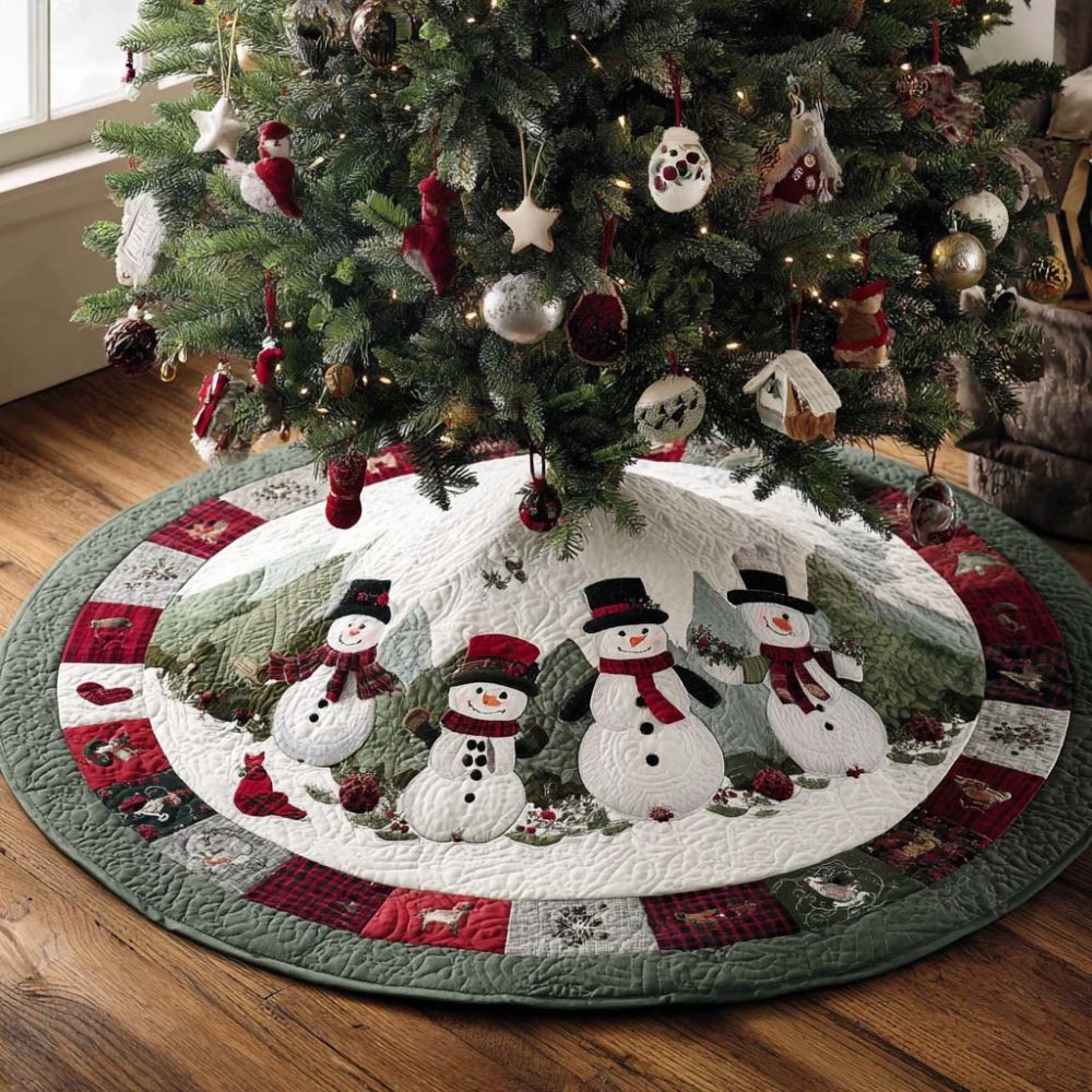 Snowmen Forest Ring Christmas Tree Skirt — Festive Snowmen Design, Custom Sizes, Soft Plush Holiday Skirt, Made-To-Order