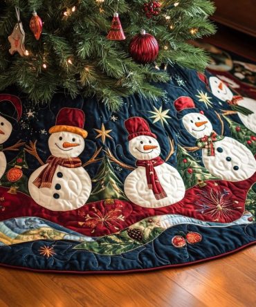 Festive Handmade Snowmen Parade Holiday Tree Skirt — Custom Christmas Tree Collar, Cozy Felt Decor For Seasonal Home