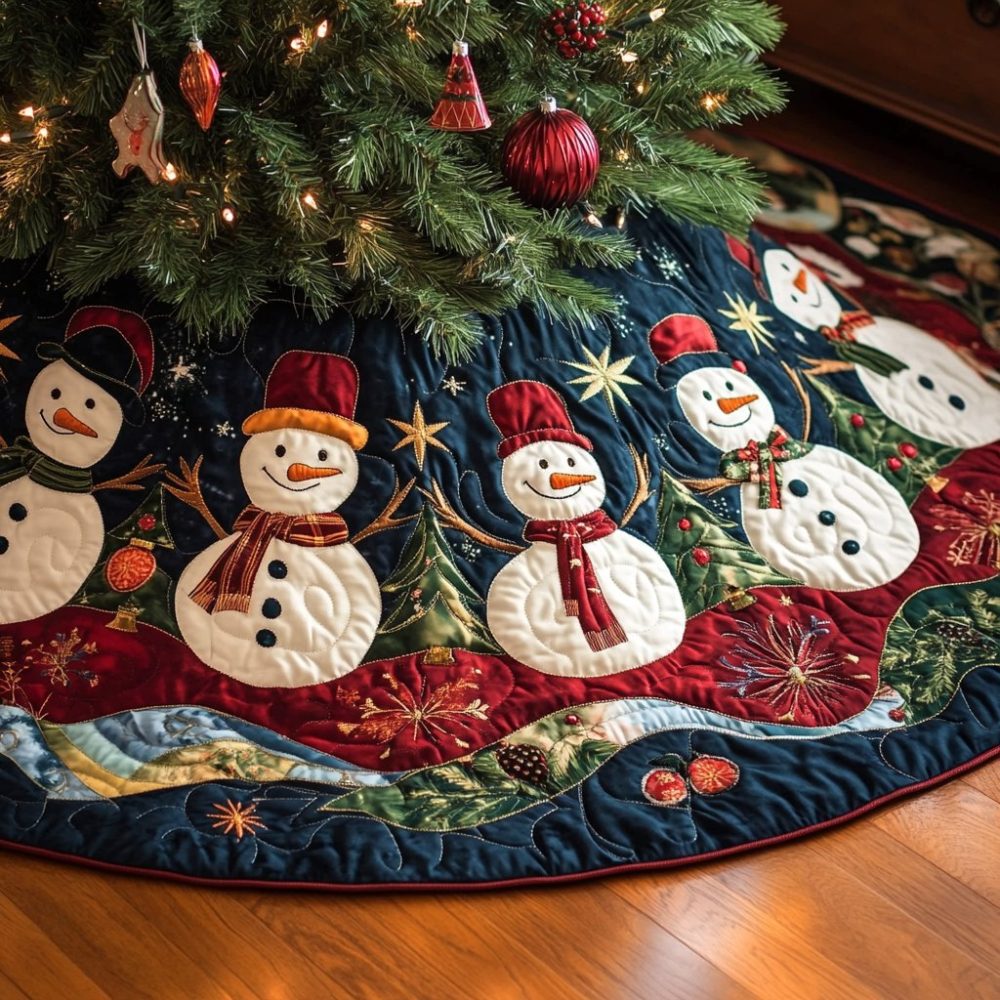 Festive Handmade Snowmen Parade Holiday Tree Skirt — Custom Christmas Tree Collar, Cozy Felt Decor For Seasonal Home