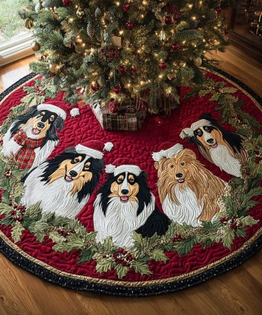 Snowtrail Dog Adventure Christmas Tree Skirt — Outdoor-Inspired Quilted Holiday Base Cover, Rugged Plush & Custom Sizes