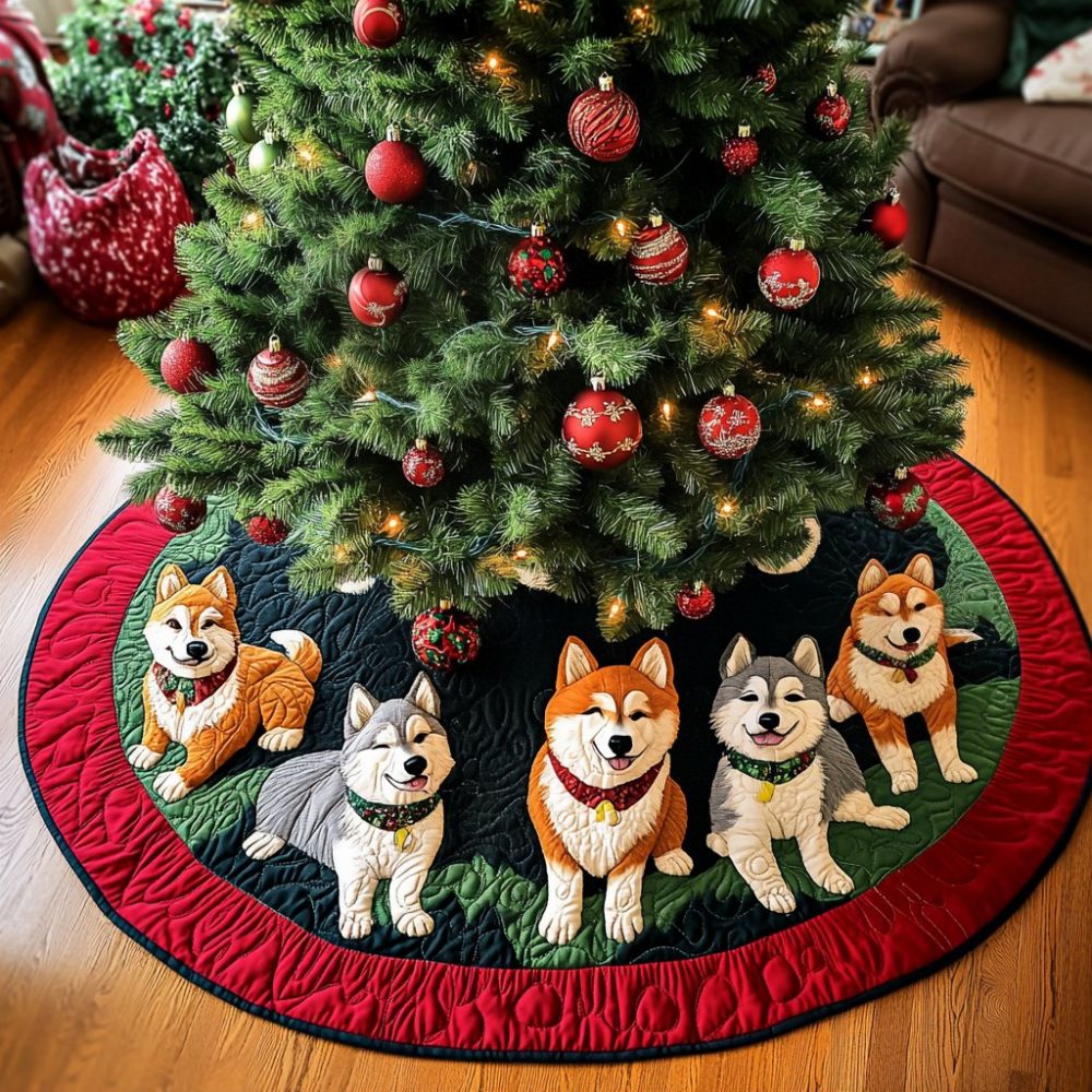 Handcrafted Snowy Akita Spirit Christmas Tree Skirt — Custom Holiday Decor For Dog Lovers, Cozy Felt Tree Collar