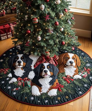 Bernese Bliss Snowy Berner Christmas Tree Skirt — Cozy Quilted Holiday Base Cover For Bernese Mountain Dog Lovers