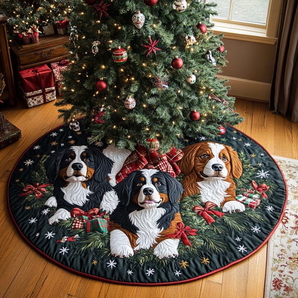 Bernese Bliss Snowy Berner Christmas Tree Skirt — Cozy Quilted Holiday Base Cover For Bernese Mountain Dog Lovers