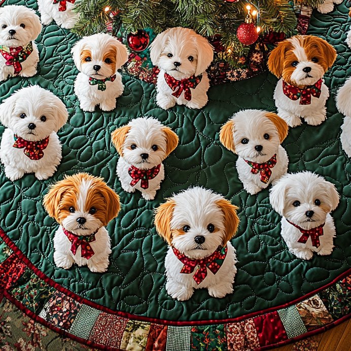 Bichon Cheer Snowy Holiday Tree Skirt — Cute Bichon Frise Quilted Christmas Base Cover, Plush & Custom-Made