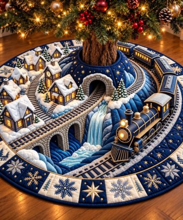 Made-To-Order Snowy Bridge Train Christmas Tree Skirt - Handcrafted Winter Railway Scene, Festive Holiday Centerpiece For Home