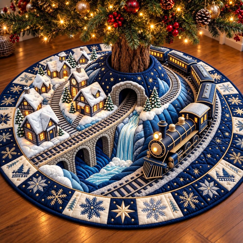 Made-To-Order Snowy Bridge Train Christmas Tree Skirt - Handcrafted Winter Railway Scene, Festive Holiday Centerpiece For Home