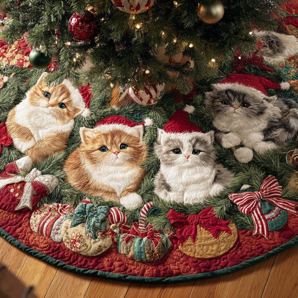 Snowy Cat Christmas Tree Skirt — Charming Feline Holiday Base Cover, Quilted Plush Design For Cat Lovers & Pet Homes