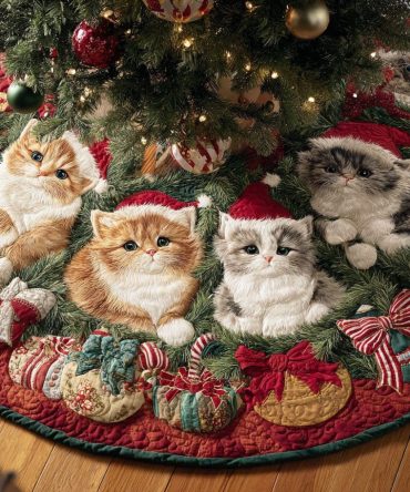 Cute Snowy Cat Christmas Tree Skirt — Custom Pet-Themed Holiday Skirt, Plush Fabric, Handcrafted & Made-To-Order