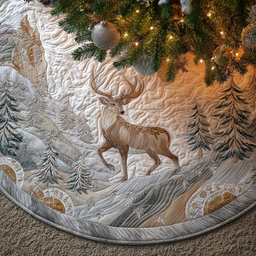 Rustic Snowy Deer Quilted Christmas Tree Skirt — Handcrafted Holiday Base Cover With Woodland Deer Motif, Plush Finish