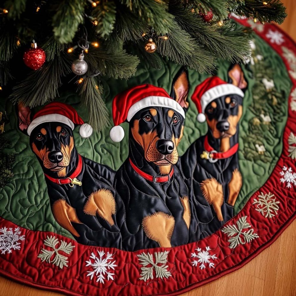 Doberman Defender Snowy Christmas Tree Skirt — Bold Pet-Themed Quilted Holiday Base Cover, Handcrafted & Durable