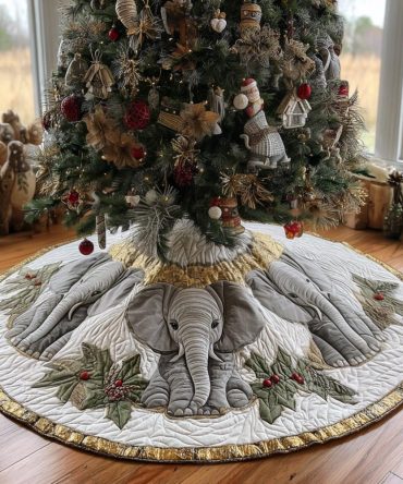 Elegant Snowy Elephants Christmas Tree Skirt — Luxurious Quilted Holiday Base Cover, Subtle Scandinavian Charm