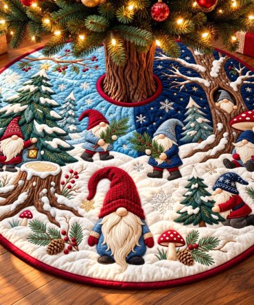 Snowy Gnome Forest Tree Skirt — Winter Gnome Christmas Skirt, Made-To-Order Cozy Holiday Decor With Frosted Accents