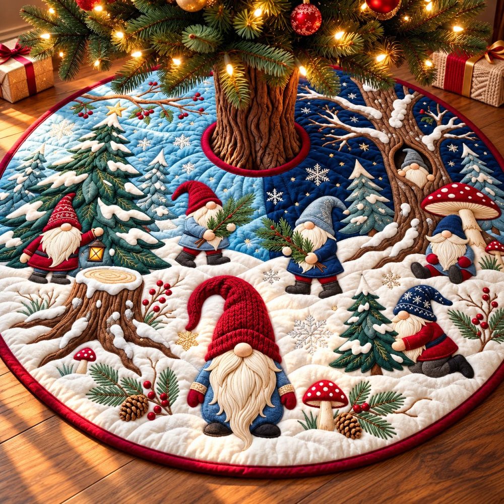 Snowy Gnome Forest Tree Skirt — Winter Gnome Christmas Skirt, Made-To-Order Cozy Holiday Decor With Frosted Accents