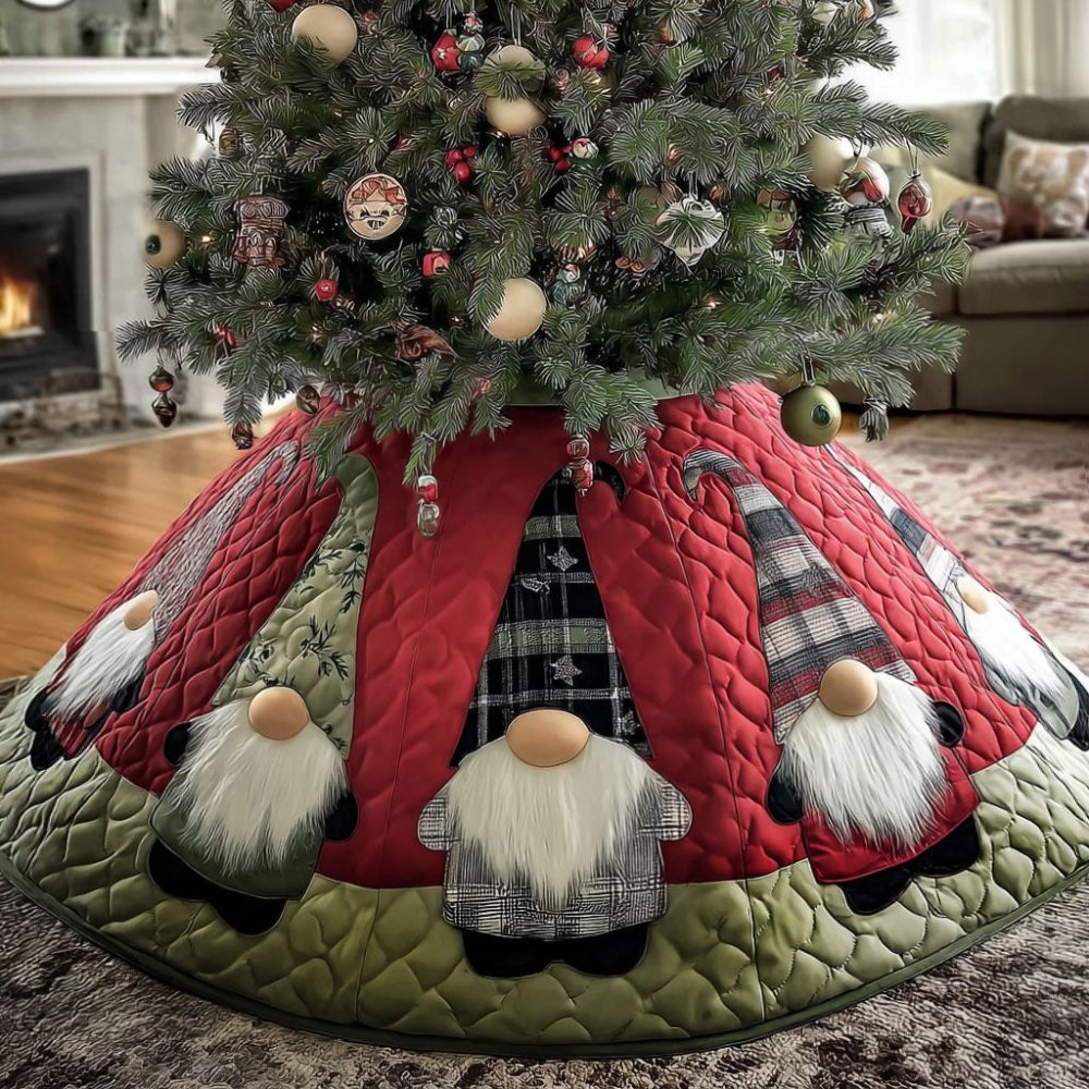 Festive Snowy Gnome Village Tree Skirt — Handcrafted Quilted Christmas Base Cover, Colorful Holiday Centerpiece