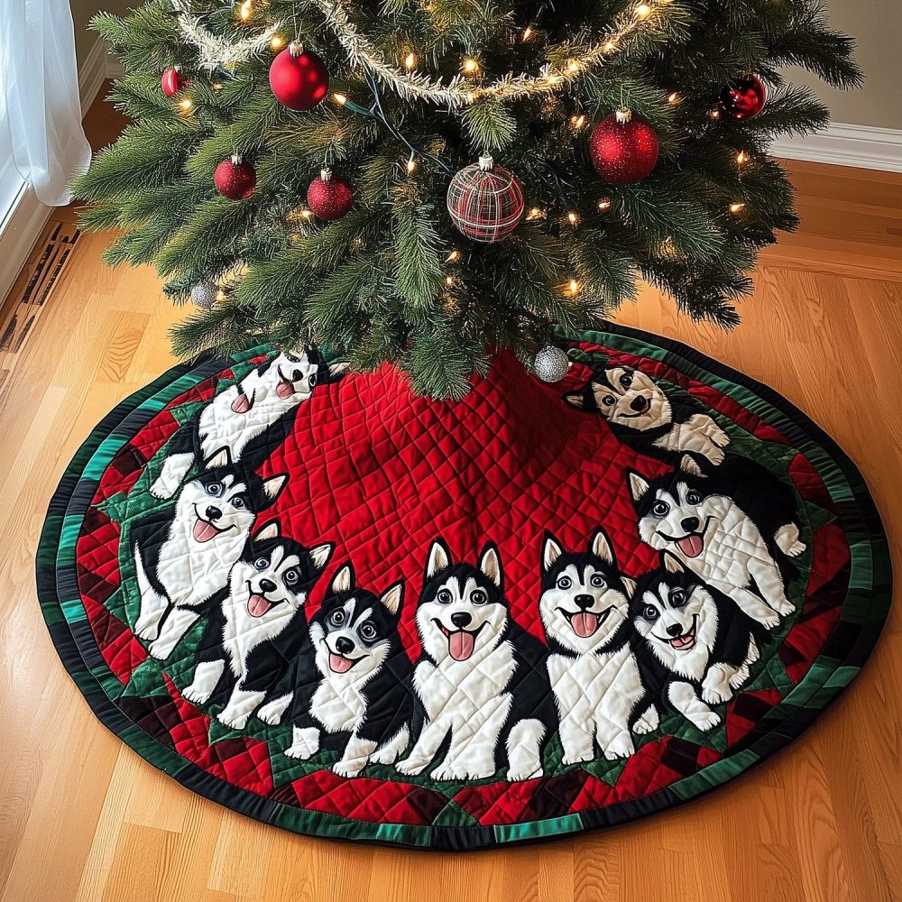 Adorable Snowy Husky Christmas Tree Skirt — Plush Pet-Themed Holiday Tree Base Cover, Custom Sizes Available