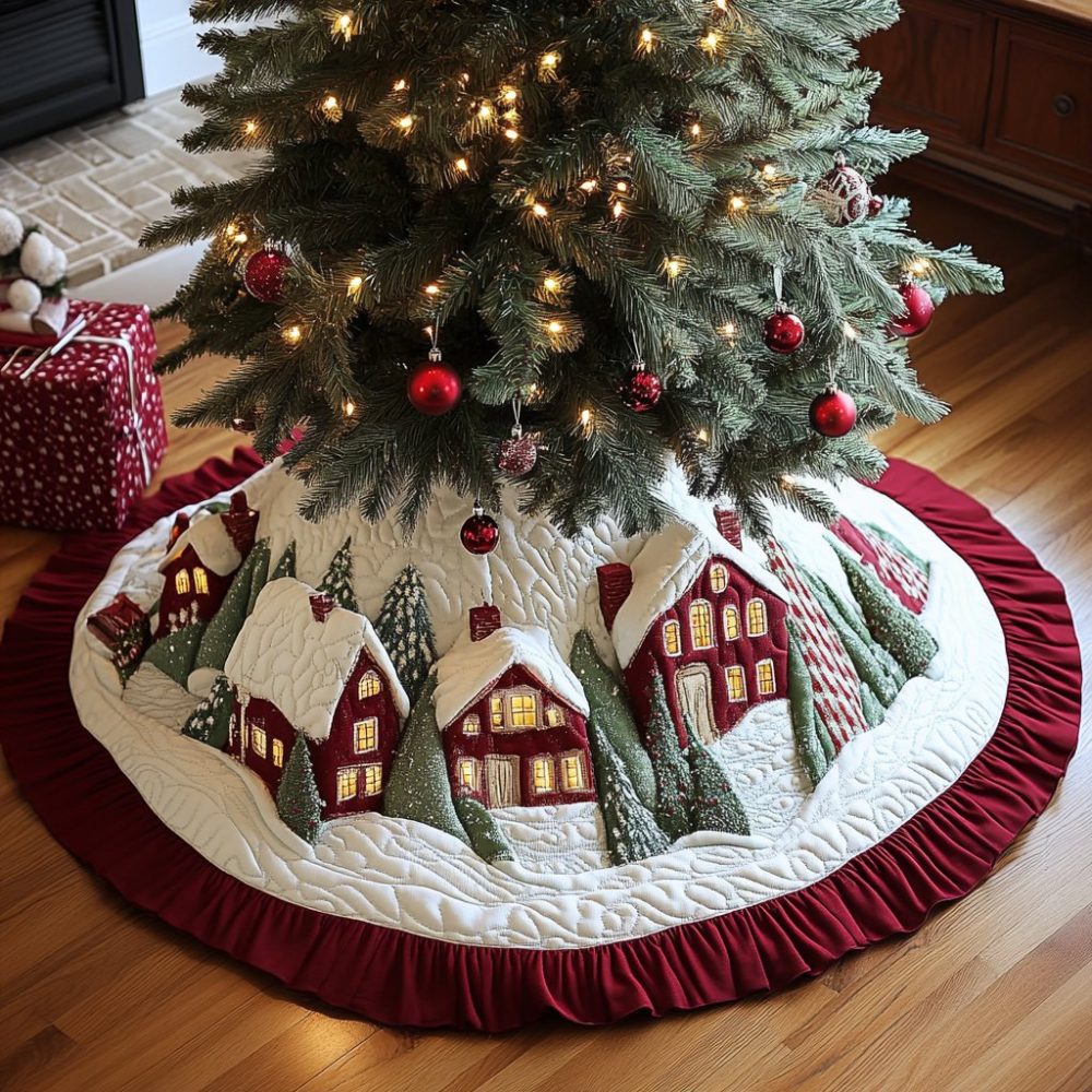 Snowy Lane Luxury Holiday Tree Skirt — Custom Winter Lane Scene Christmas Tree Skirt, Handmade Seasonal Decor, Made To Order