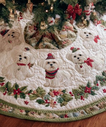 Maltese Snowy Paws Holiday Tree Skirt — Custom Christmas Tree Skirt For Maltese Owners, Handmade Pet-Themed Winter Decor