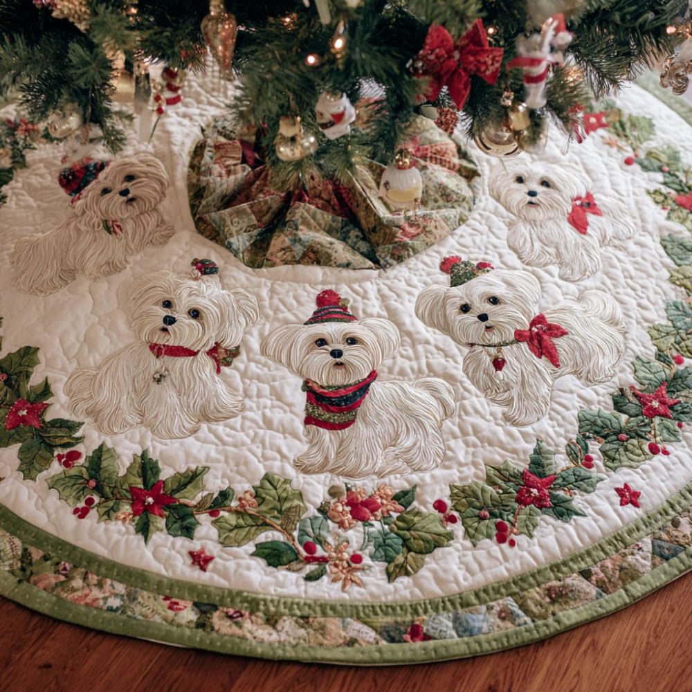 Maltese Snowy Paws Holiday Tree Skirt — Custom Christmas Tree Skirt For Maltese Owners, Handmade Pet-Themed Winter Decor
