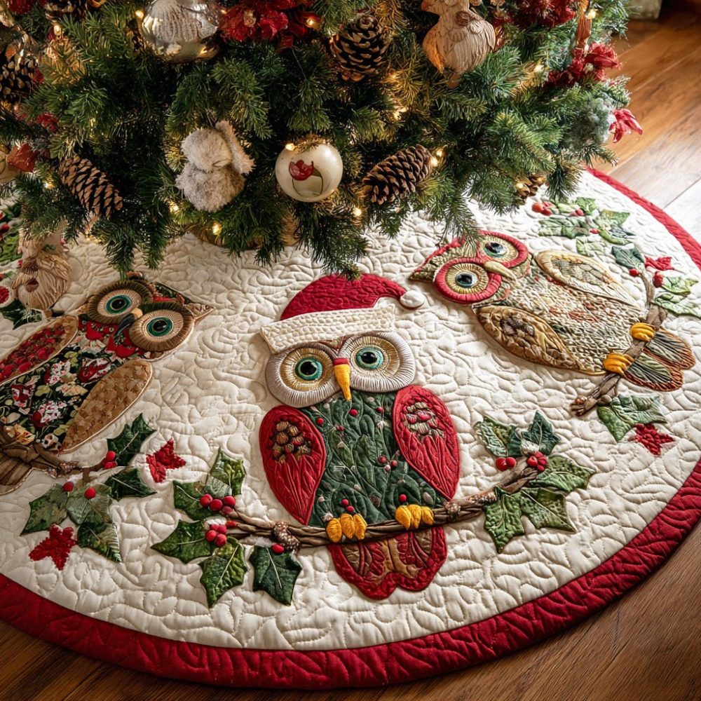 Snowy Owl Winter Tree Skirt — Handmade Christmas Tree Skirt Featuring Snowy Owl Design, Custom Holiday Decor & Gift Option