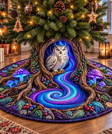 Snowy Owl Hollow Tree Skirt — Elegant Winter Owl Christmas Skirt, Made-To-Order Premium Holiday Accent For Neutral Decor