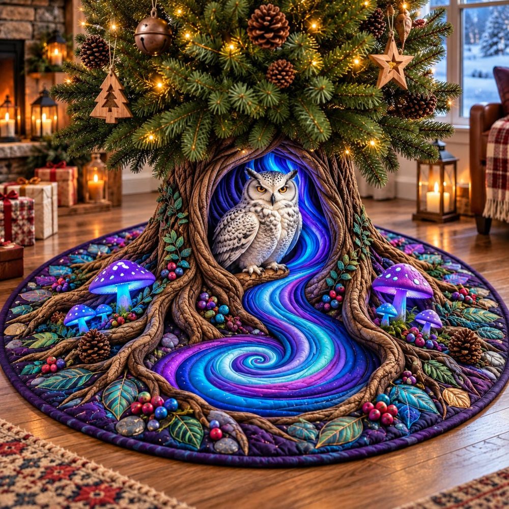 Snowy Owl Hollow Tree Skirt — Elegant Winter Owl Christmas Skirt, Made-To-Order Premium Holiday Accent For Neutral Decor