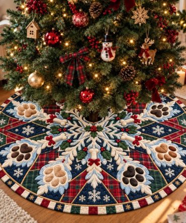Snowy Paws & Christmas Joy Plush Tree Skirt — Pet-Friendly Holiday Skirt With Festive Paw Print Design, Custom Sizes