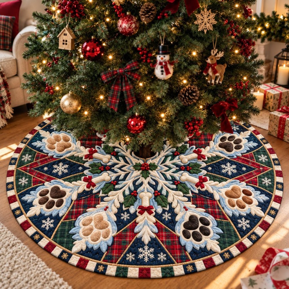 Snowy Paws & Christmas Joy Plush Tree Skirt — Pet-Friendly Holiday Skirt With Festive Paw Print Design, Custom Sizes