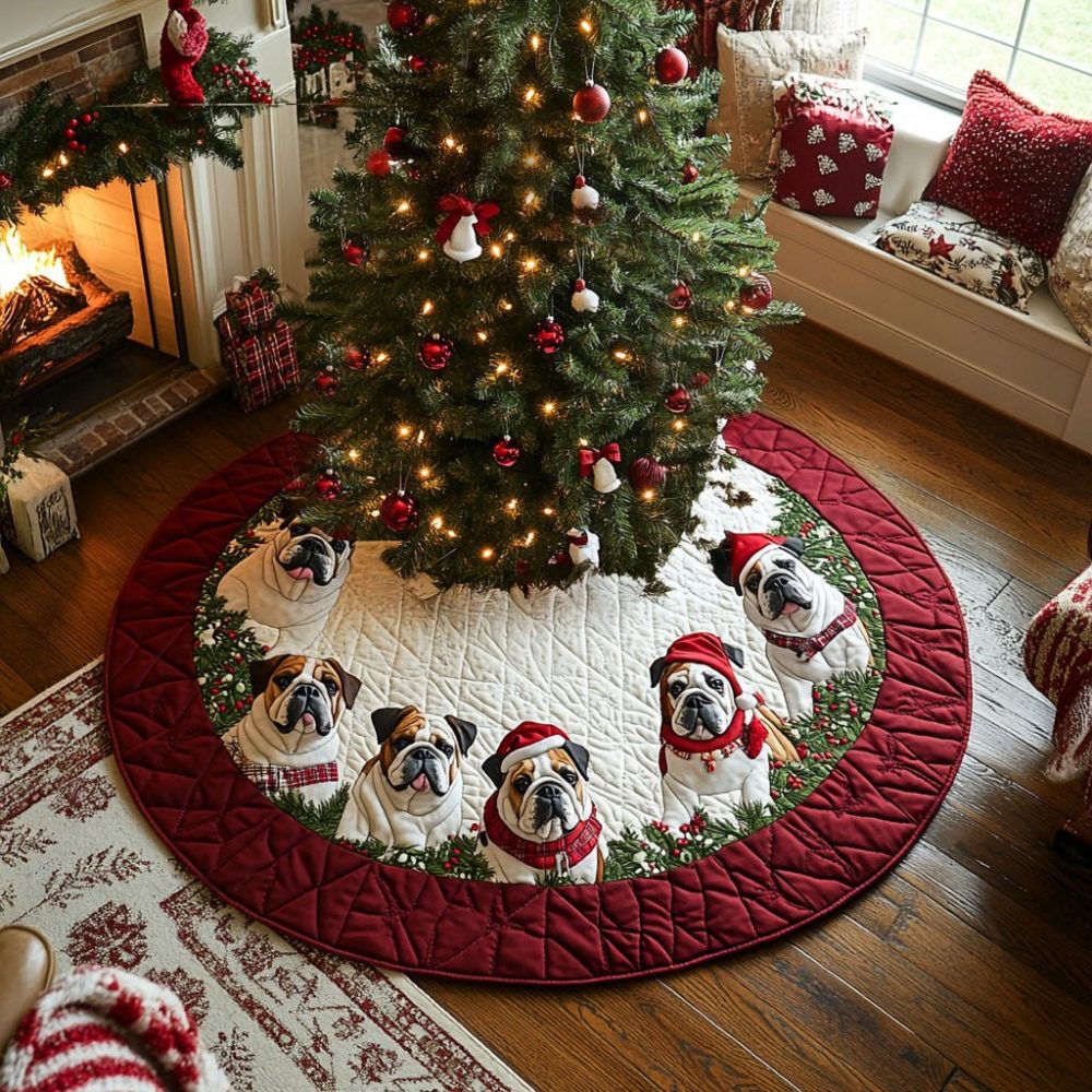 Bulldog Snowy Paws Holiday Tree Skirt — Custom Christmas Tree Skirt For Bulldog Owners, Handmade Winter Decor, Made To Order